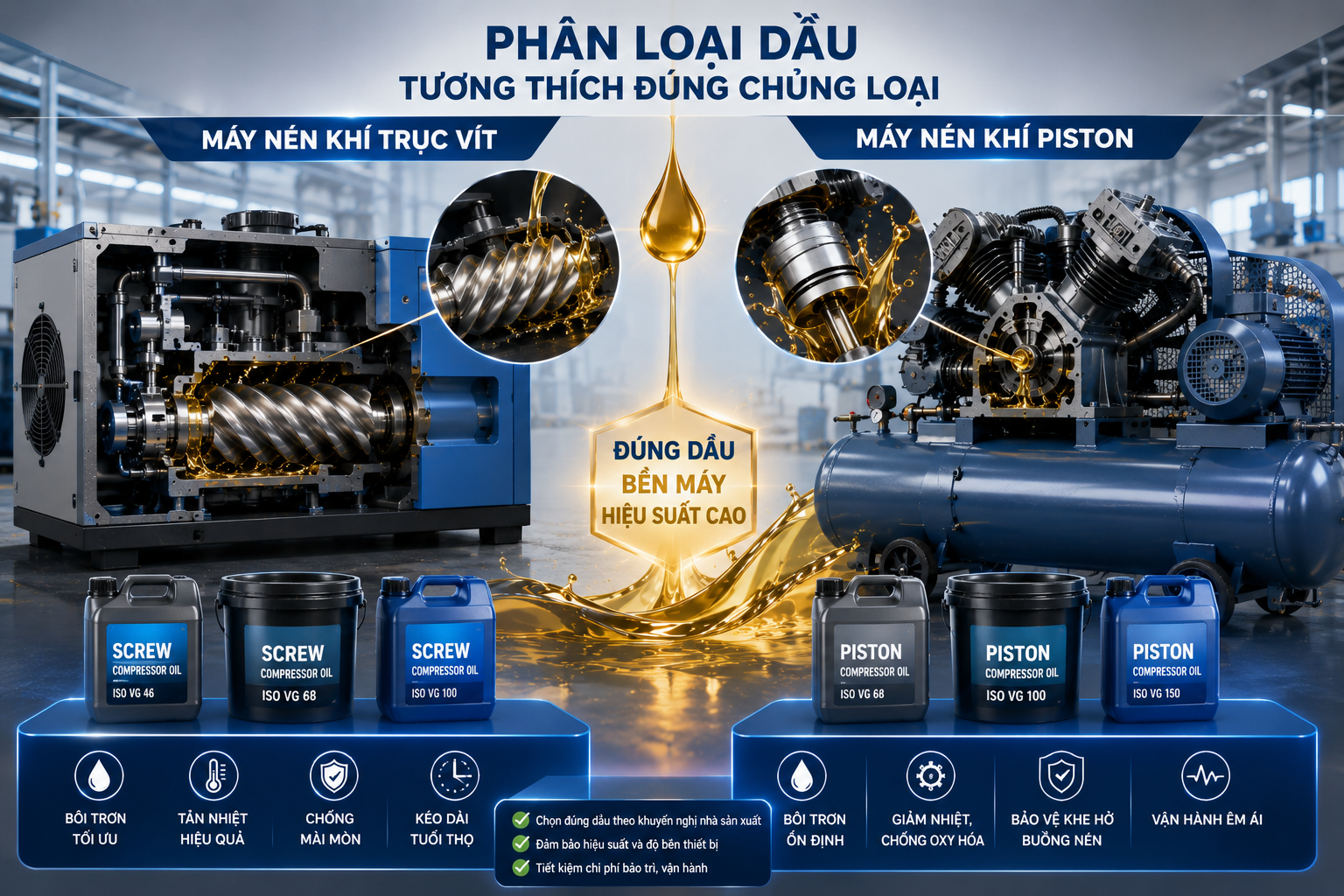 Các dòng máy nén khí trục vít và piston sử dụng dầu chuyên dụng